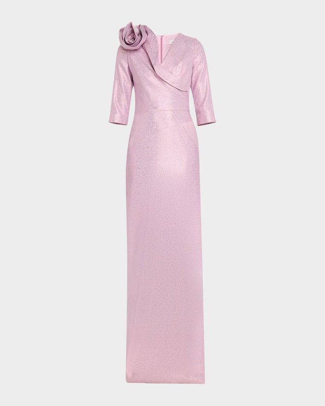 Applique Metallic Jacquard Column Gown